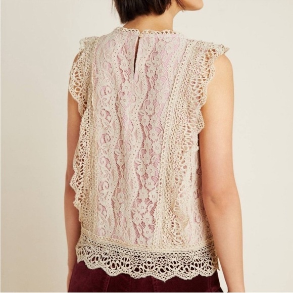ERI + ALI SYDNEY LACE TOP SZ SMALL DK CREAM LACE PINK UNDERLAY ROMANTIC COTTAGE - Picture 5 of 9